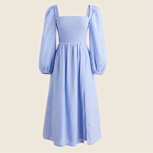 NWT J. Crew Linen Daydream Smocked Puff Sleeve Midi Dress Blue